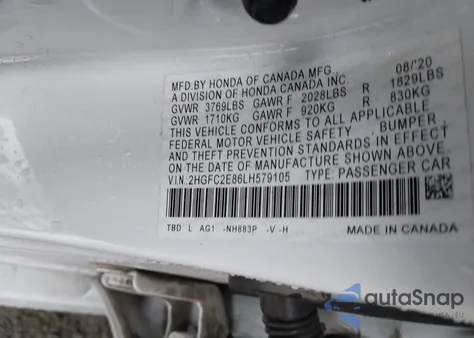 2020 Honda Civic Sport из США, поврежденный, VIN 2HGFC2E86LH579105